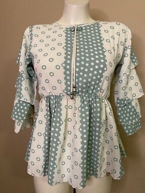 Polka Dot Peplum Tiered ruffle Sleeve boho Blouse in Sage & Cream S